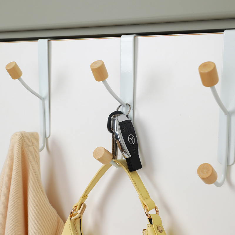 Picture of Japanese-style simple wood double hook punch-free door hanging clothes hook coat hook wall hanging door back storage rack