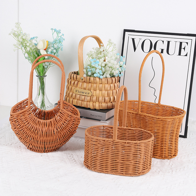 Flower bouquet packaging moon basket pastoral style hand-woven imitation rattan basket flower shop portable bamboo basket storage