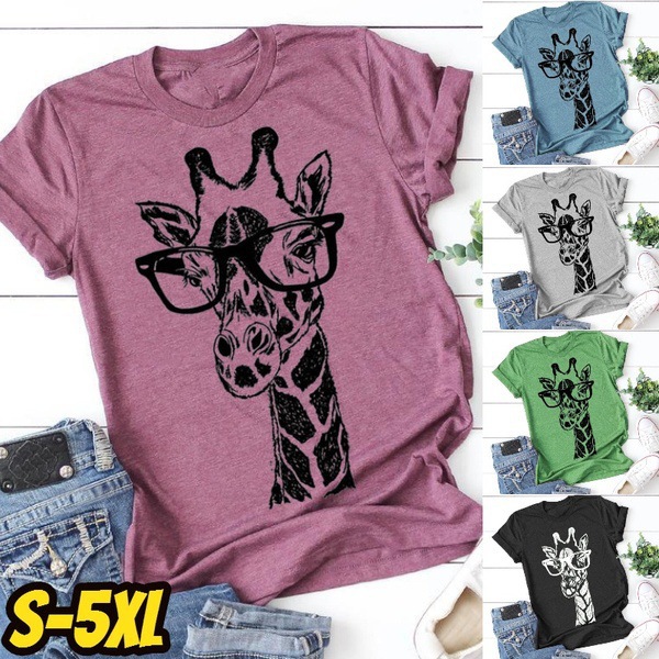 Amazon wish AliExpress Hot Cross-border European and American Women's Giraffe Crewneck Short-sleeved Printed T-shirt Top