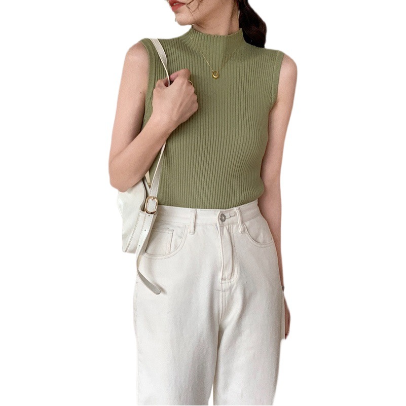 Women's Spring and Summer Camisole Sleeveless Slim-Fit Knitted All-Match Half-High Collar Slim Base Shirt Top
