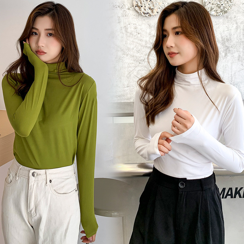 Picture of Milk Silk Bottoming Shirt Women's Long-Sleeved T-Shirt Half Turtleneck Spring, Autumn and Winter 2025 New Black Inner Style Tight Top
