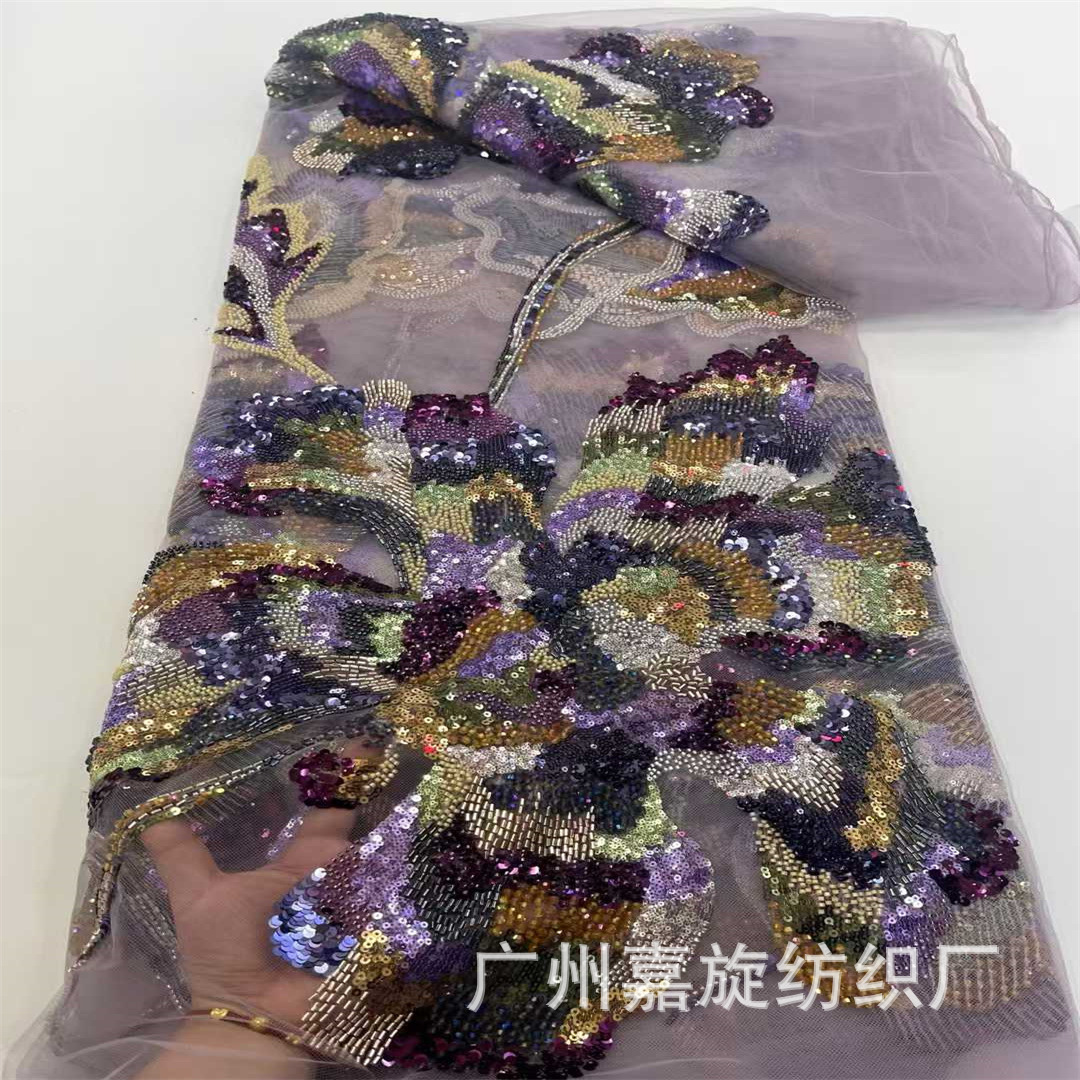 New Southeast Asia Heavy Industry Bead Tube Positioning Flower Sequin Fabric Mesh Dress Children's Clothing Fabric Beaded Lace