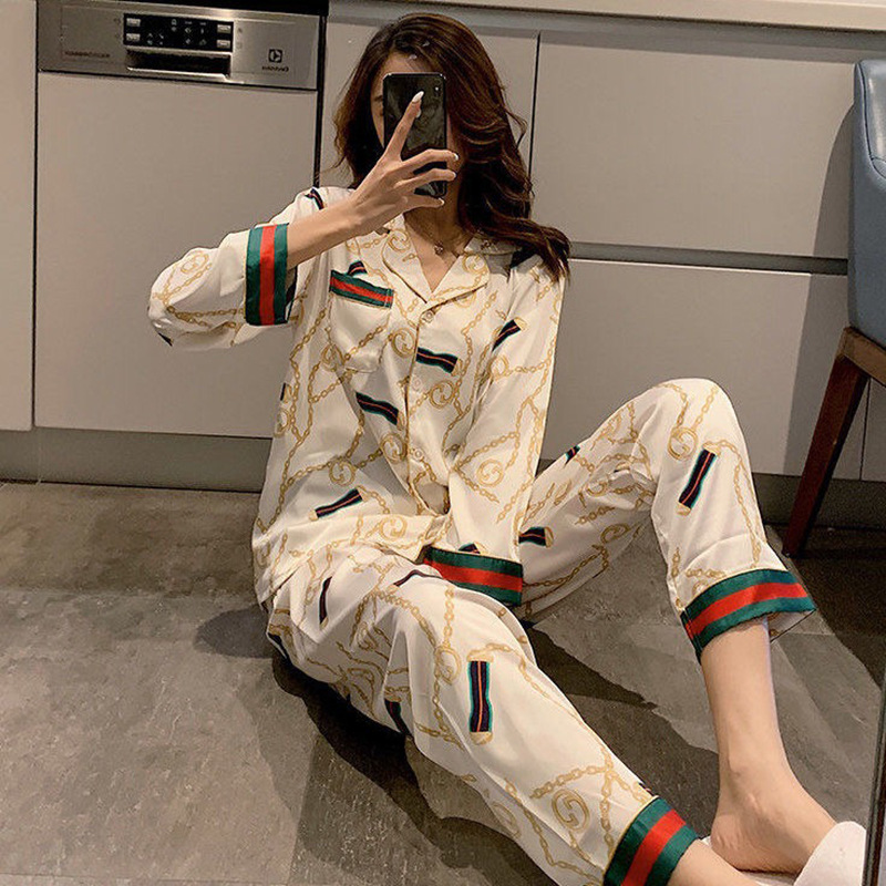 Ice silk spring and autumn pajamas female long sleeve thin sweet summer ladies simulation silk large code loose home suit