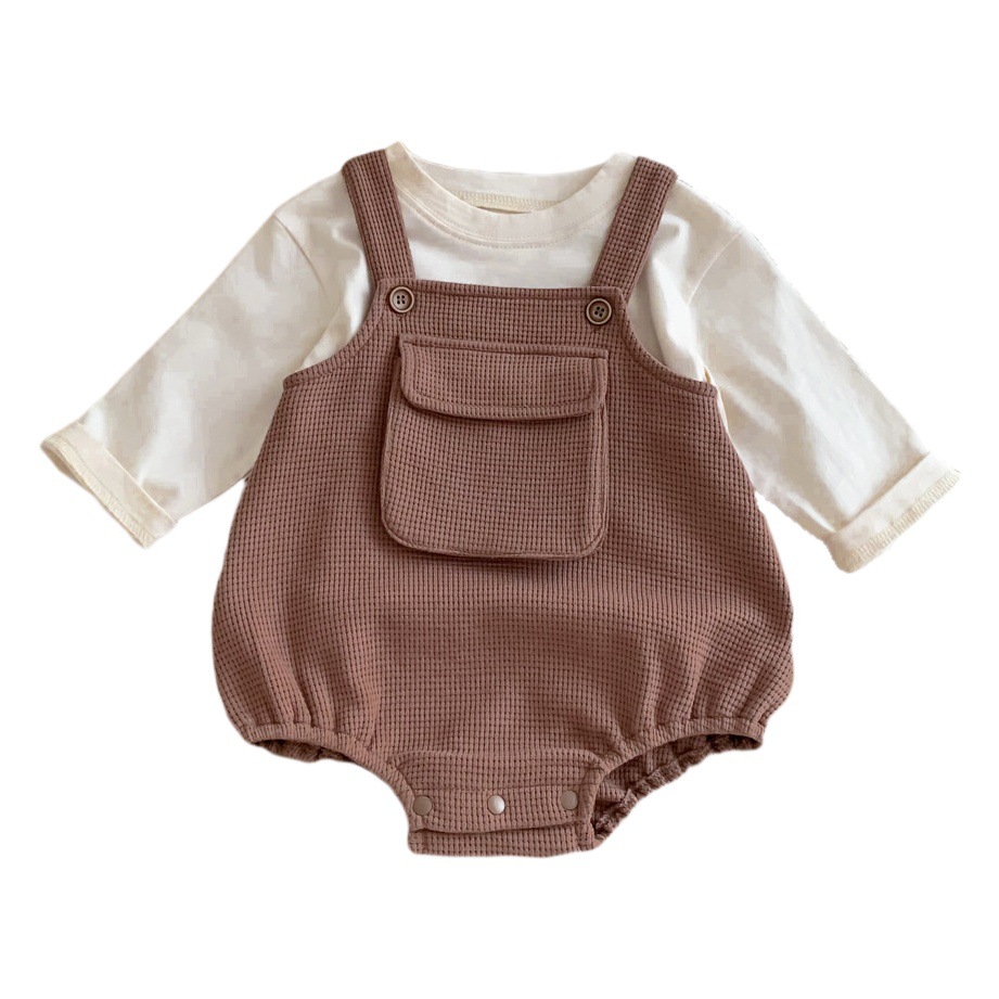 Baby Spring and Autumn Waffle Pocket Strap Jumpsuit 2024 Korean Style Baby Sling Triangle Harness Bag Fart Clothes