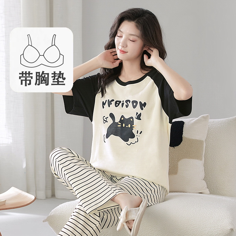 Pajamas Women's Summer Casual Cartoon with Chest Pad Summer Outwear Short-sleeved Trousers Thin Home Clothes suit Women