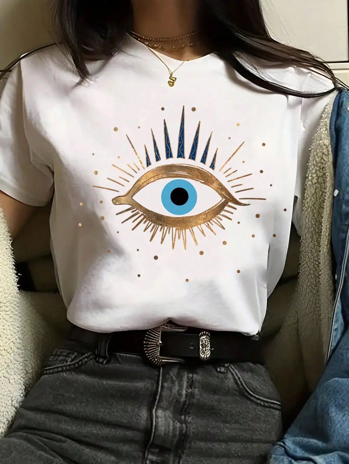 Fashionable All-match Casual Shoulder Short-sleeved T-shirt with Big Eye Printing