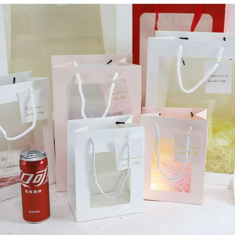 Window Bag Spot Transparent Window Tote Bag Creative Gift Window Paper Bag Flower Bouquet Packaging Bag Satchel