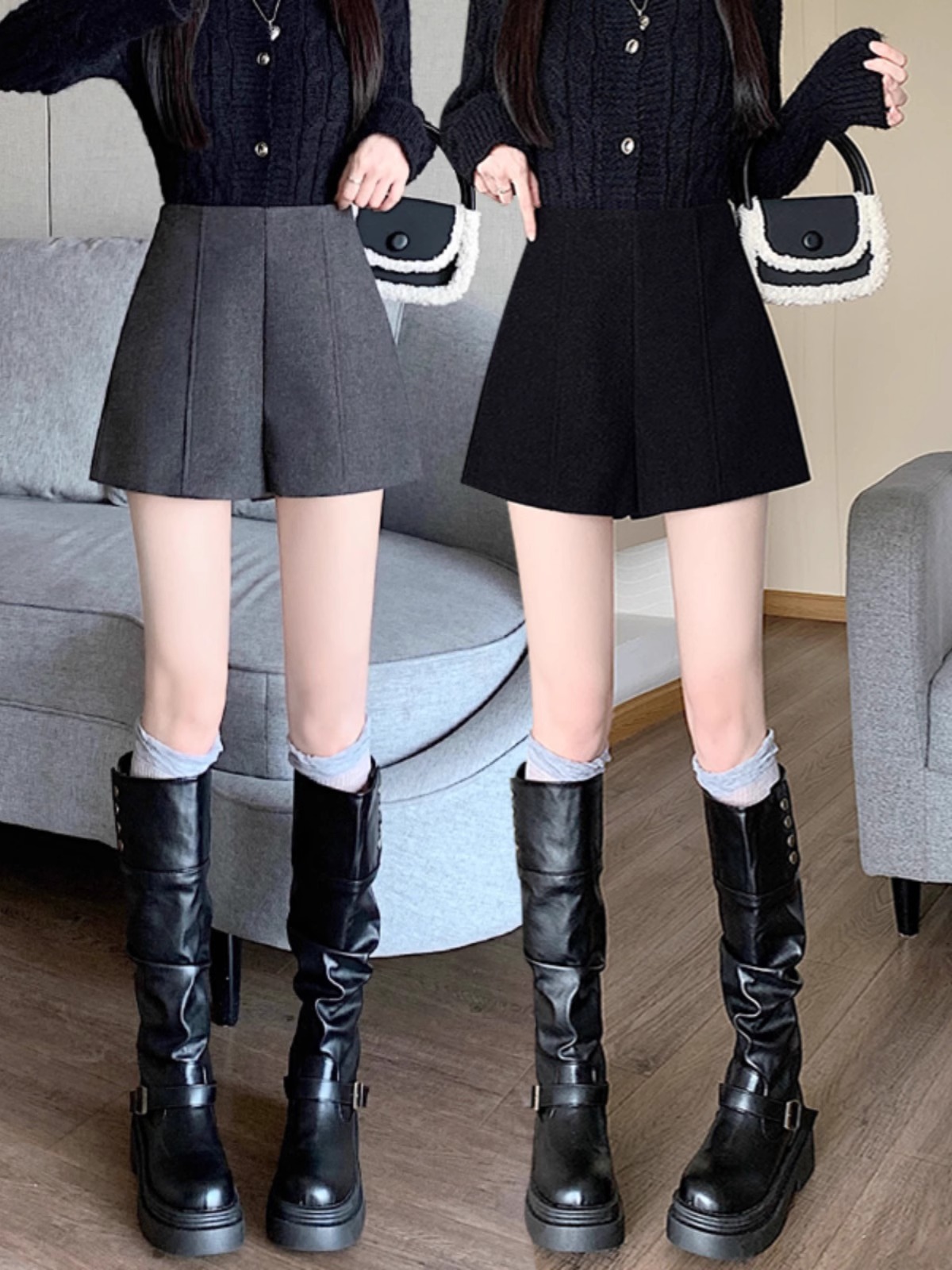 Boots Pants Grey Woolen Shorts Women's Autumn and Winter 2024 New High Waist Outer Wear Slimming Base Casual A- Shaped Wide Legs