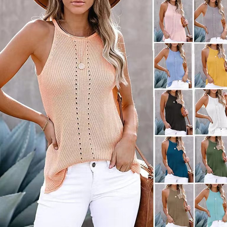 2023 Shiying European and American Women's Spring and Summer Sleeveless Beach Clothes Solid Color Neck-Hanging Knitted Loose Neck Vest