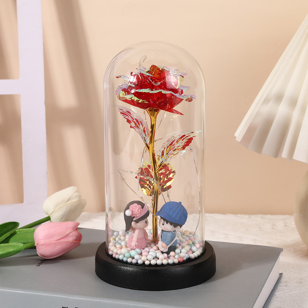 Picture of Valentine's Day Eternal Flower Glass Cover Finished Product Valentine's Day Doll Rose Gold Foil Flower Gift Ornament Birthday Gift