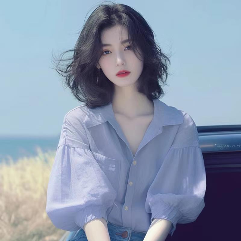 Summer Korean chic unique design blue purple lantern sleeve shirt gentle temperament beautiful V-neck