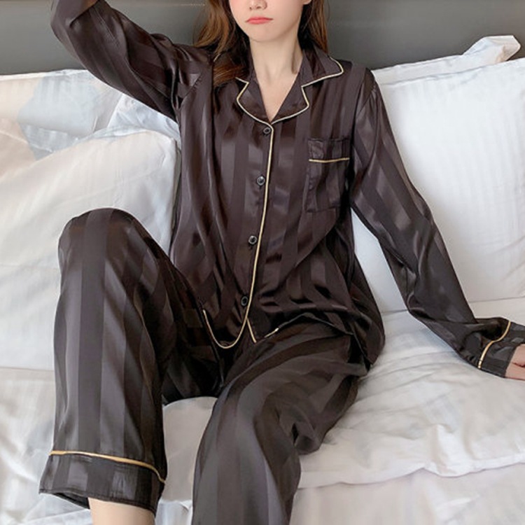 Picture of ins Cyber Celebrity Lace Long-sleeved Simple Black Spring and Autumn Long-sleeved Trousers Cardigan Pajamas Women's Sweet Loose Home Clothes