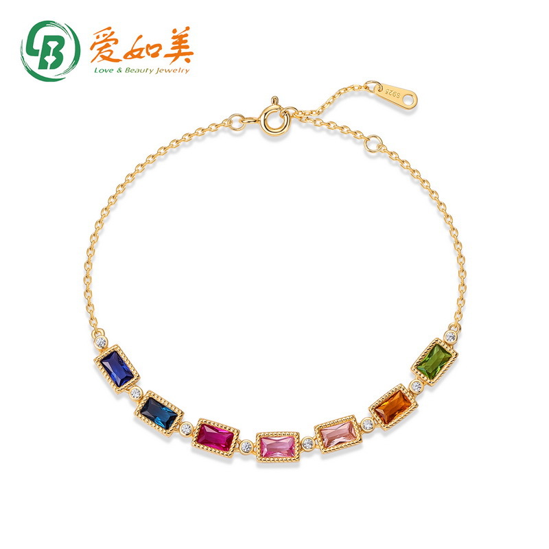 Japanese and Korean New Entry Light Luxury Fashion Rainbow Zirconium Bracelet S925 Silver Gold Plated Multicolor Color Treasure Jewelry Wholesale Customization