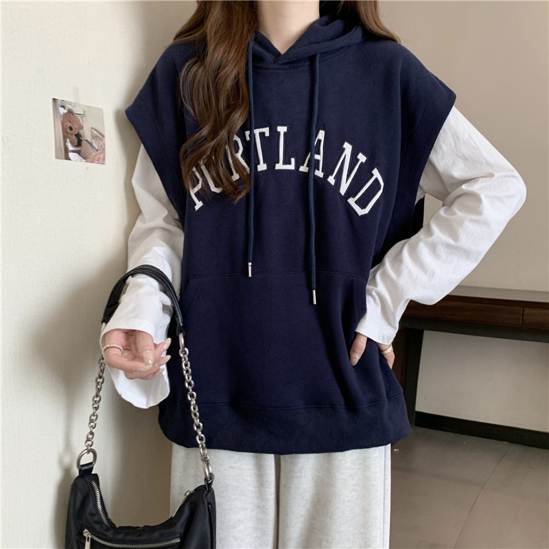 Hooded Sweatshirt Vest Women's Letters Japanese Series Stacked Jacket Vest Japanese Series Loose Women's All-match Top Autumn Outer Wear