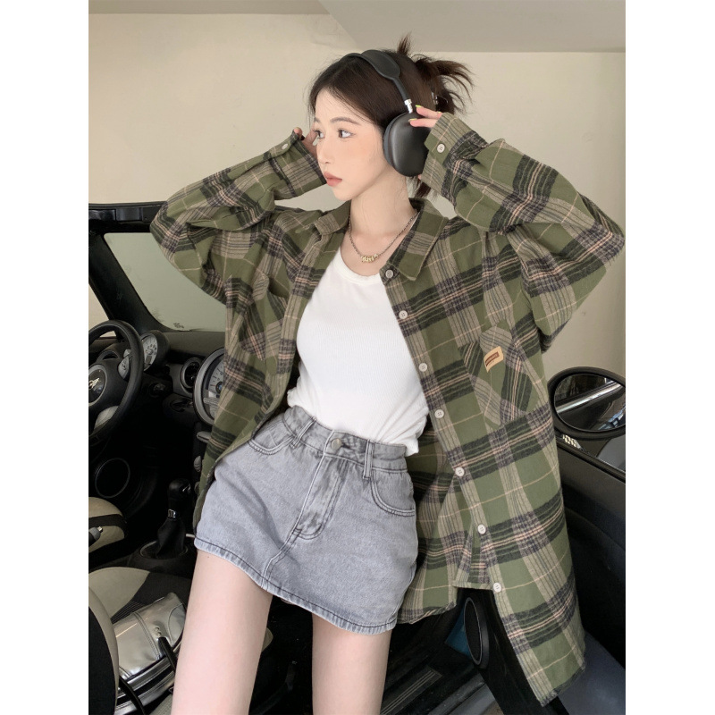 Vintage Long-sleeved Green Plaid Shirt Coat Women's Mid-length Loose Bf Lazy Style Shirt Early Autumn Top