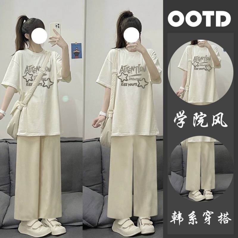 Single/Set Summer New Student Suit Loose Fashion Short-Sleeved Shirt Casual Wide-Leg Pants Korean Style Two-Piece Set