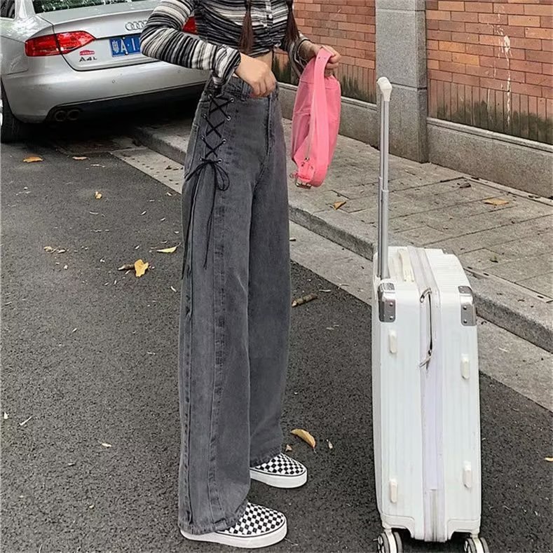 Hong Kong Style Gray Jeans Women's High Waist 2023 Autum New Design Strappy Straight Pants Vibe Style Pants Trendy