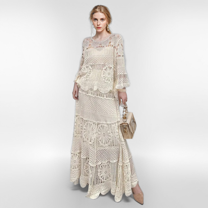 in stock Hollow Crochet Knitted suit Women's Loose Crewneck Pullover Top Large Swing Long Dress Two-piece Set for Vacation