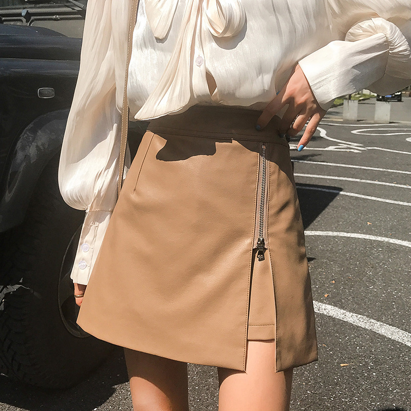 2023 Autumn and Winter Elegant Small Leather Skirt Skirt Women's Fashion Zipper PU Leather Skirt Slimming High Waist A- Line Skirt Pants