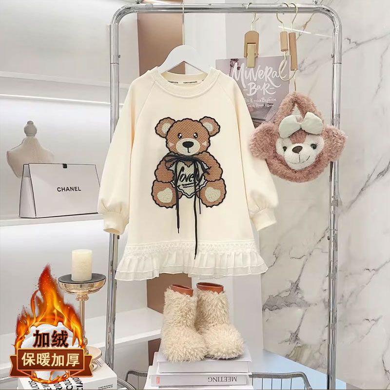 Girls' fleece-lined Sweater Dress Autumn and Winter New Style Middle and Large Children's Casual Cartoon Children's Wear Baby Bear Printed Dress