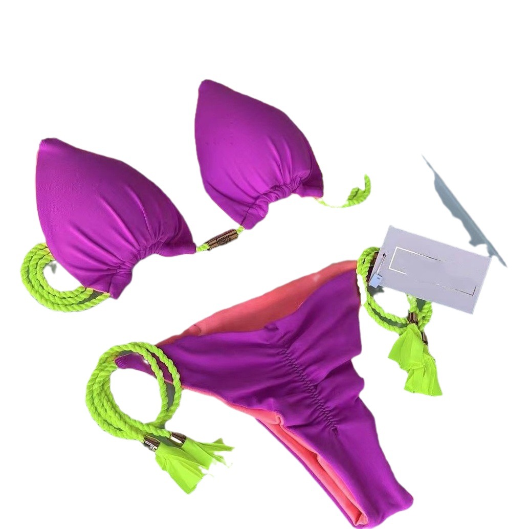 European and American Cross-border New Women's Triangle Bag Rope Bikini Solid Color Sexy Pendant Tassel Swimsuit Women's Bikini
