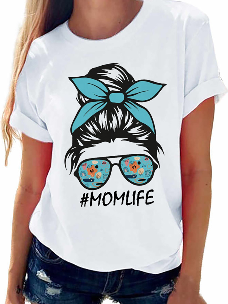 2023 MOM mother leopard print shrimp skin crew neck printed white T-shirt short sleeve women's foreign trade cross-border ebay Amazon