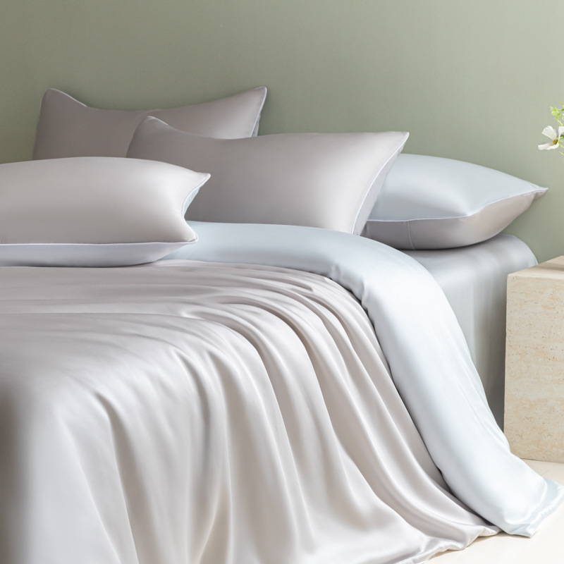 Summer Light Luxury Washed Silk Four-Piece Set, Cool Silk Bed Sheetss and Quilt Cover, Pure Color Ice Silk Bed Bed Sheets, Single and Double Three-Piece Set