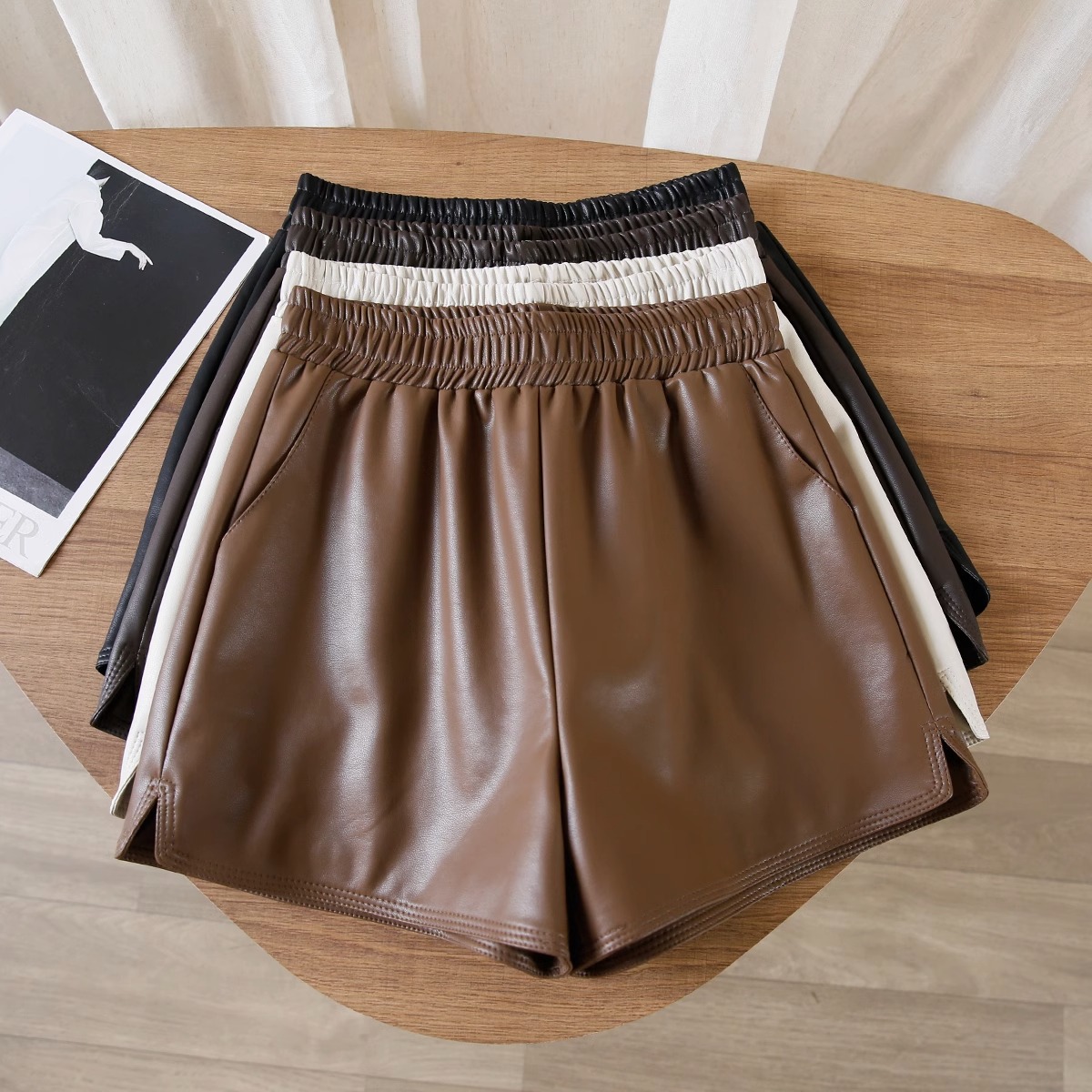 Autumn and Winter Casual Pants Women's 2025 New High Waist Slimming Leather Black A- line Pants Loose Wide Leg Boots Outer Wear Shorts