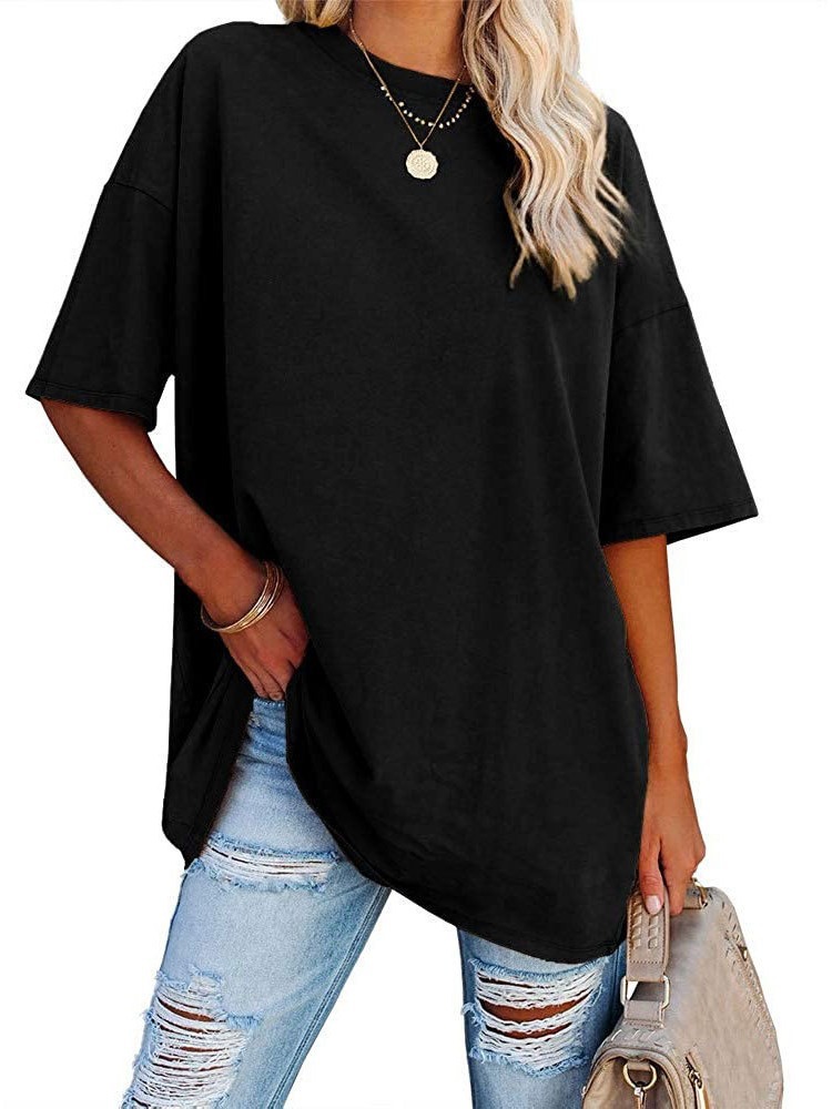 2024 European and American Cross-border Women's T-shirt Amazon Foreign Trade New plus size Loose Shoulder Sleeve Solid Color Short Sleeve Top