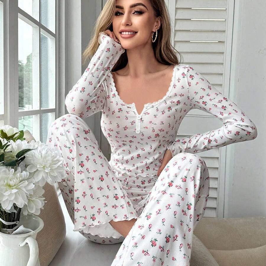 Cross-border European and American autumn and winter home clothes sexy fashion lace collar button long sleeve pants pajamas two-piece suit women