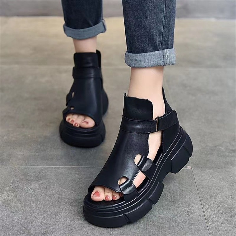 Summer peeple roman shoes short boots soft leather muffin thick-soled sandals women's height-increasing slimming velcro hollow-out sandals trendy