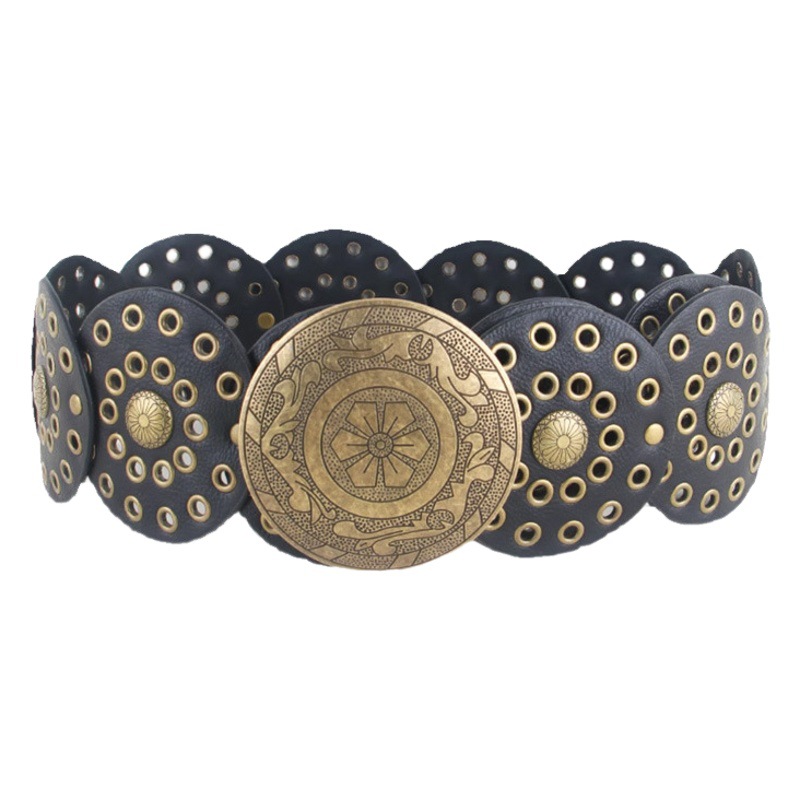 European and American Retro Denim Style Metal Cut Out Round Buckle Belt Women's Decorative Personalized Belt Niche Girdle Manufacturer Batch