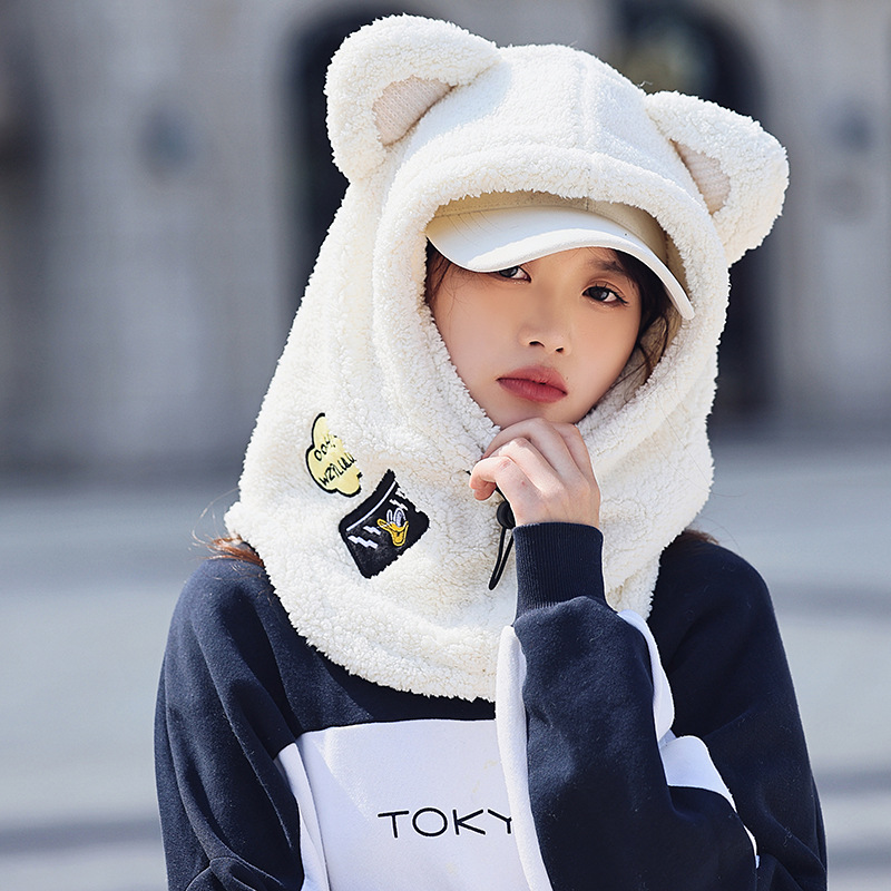 Picture of Winter Warm Series Cute Bear Hat Mask All-in-One Women's Ear Protector Cycling Warm Ski Helmet plush Hat