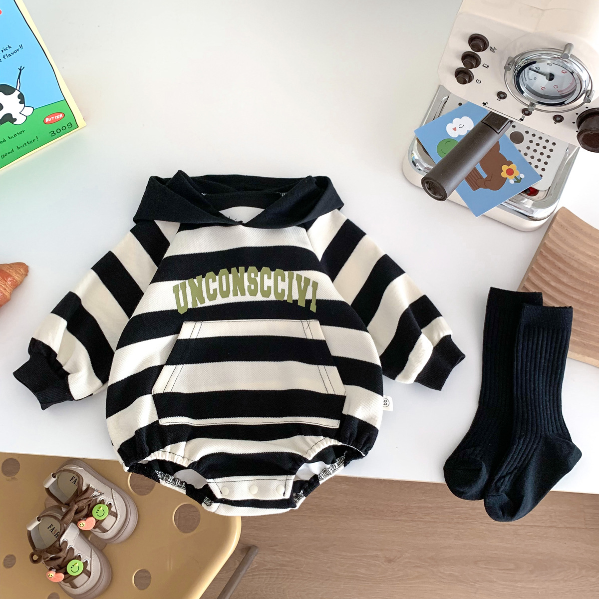 Picture of Ins K-Style Baby Spring & Fall Hooded Stripesd Bag Fart Clothes Newborn Male and Female Baby Fashionable Sweatshirt One-Piece Rompers