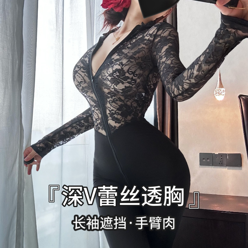 Deeply in Love with Desire ~ Black Temptation Uniform Flirting Sexy Suit Female Deep V Top Tight Sexy Sexy Lingerie