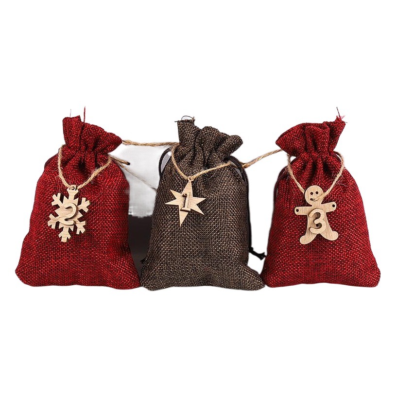 Christmas gift bag suit linen drawstring wooden card countdown calendar hanging bag Christmas gift bag