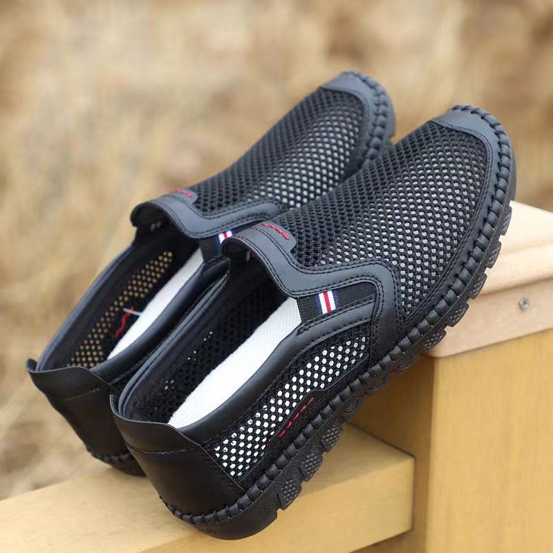 Old Beijing Summer New Style Mesh Shoes Breathable Men's Soft Leather Shoes Doudou Casual Shoes Slip-on Lazy Man Hole Shoes