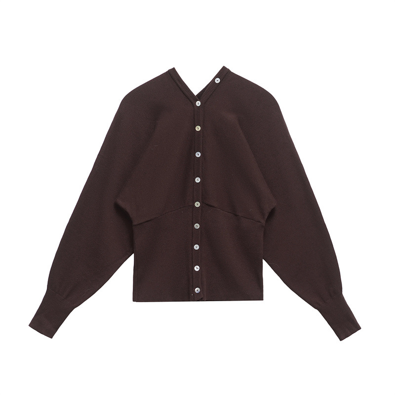 brown V-Neck Buckle Slim-Fit Hem Long Sleeve Knitted Sweater Jacket Women 2024 Winter European and American Fashion New