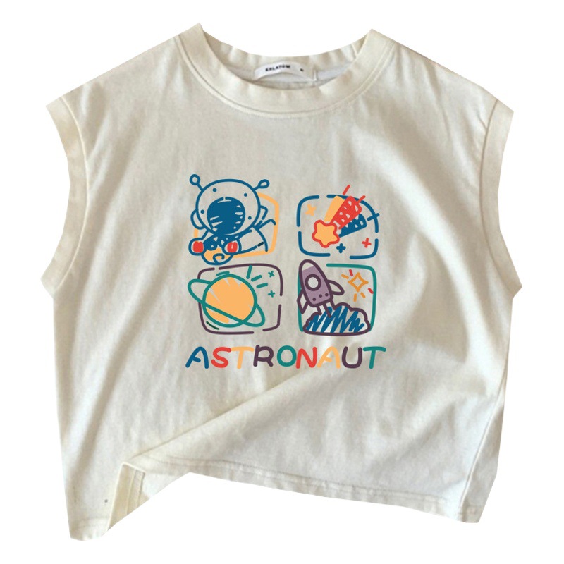 Pure Cotton Baby Kidsren's Sleeveless T-Shirt 2025 New Cartoon Pattern Versatile Vest Sweatshirt Top for Boys and Girls Summer