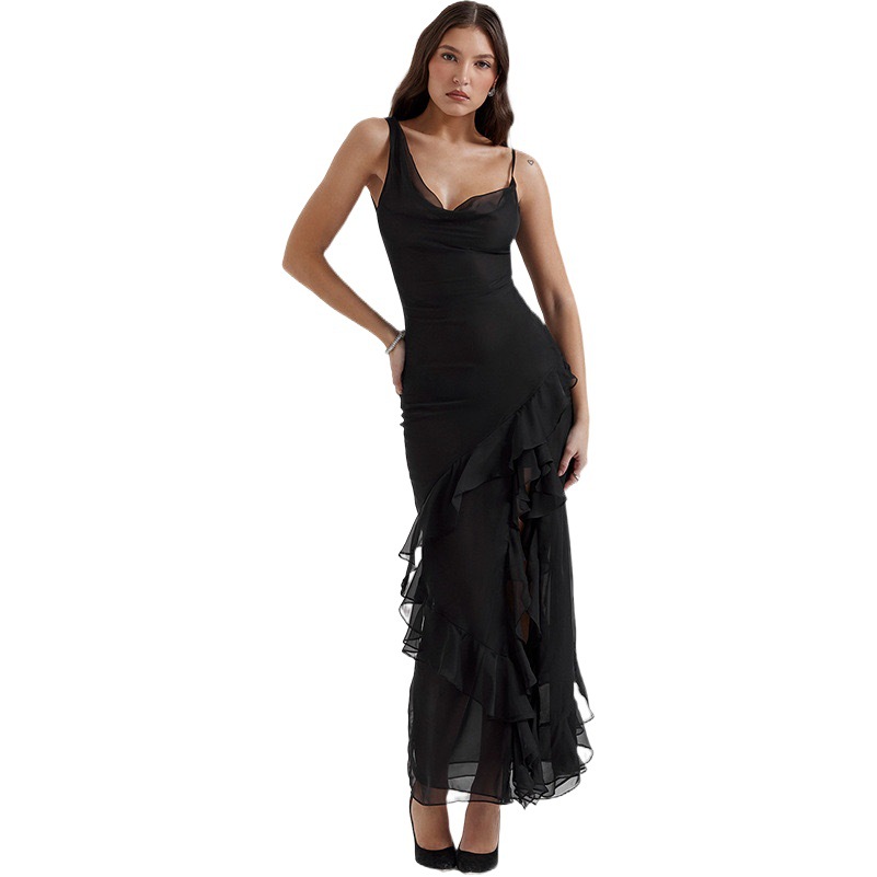 Cross-Border Wholesale 2025 Summer New European and American Clothing Elegant Pure Color Sleeveless Slim Hip-Hugging Dress Dress for Women