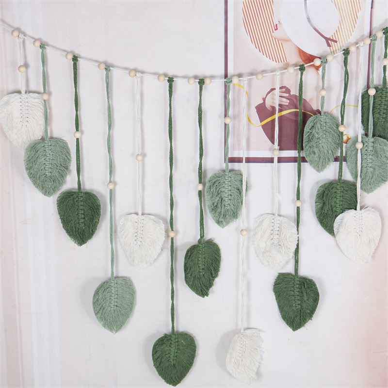Picture of INS Bohemian Cotton Rope Hand-woven Wooden Beads Leaf Photo Wall Hanging Decorative Tapestries Tassel Wall Hanging