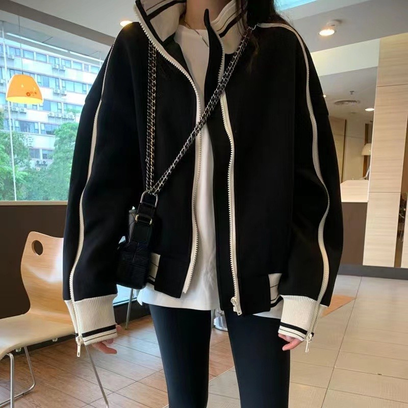 Black Sports Jacket Coat Women's Spring and Autumn Baseball Suit hiphop European and American High Street New 2023 Explosions