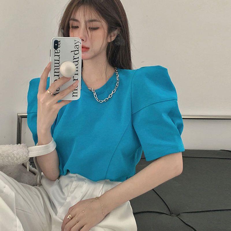2023 New Summer Style Loose Right-Angle Shoulder Puff Sleeve T-Shirt Design Korean Style Chain Round Neck Bottoming Shirt Top