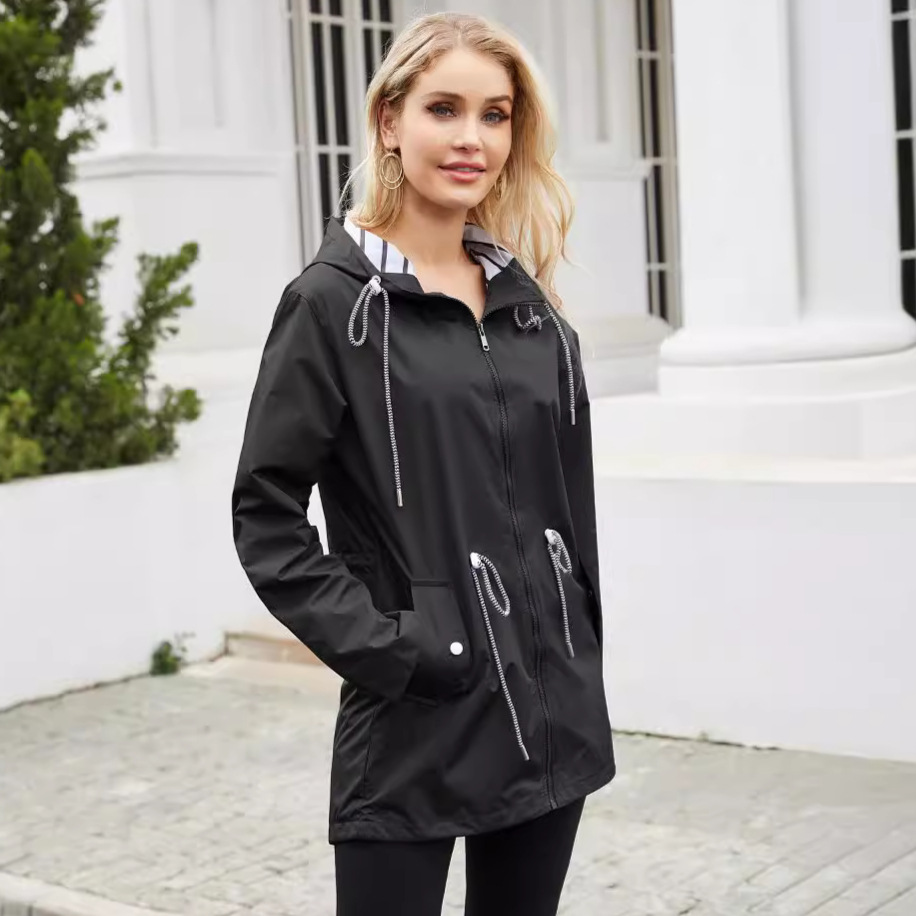 Picture of Autumn/Winter Coat European and American women's trench coat cross-border women's long hooded striped splash-resistant raincoat