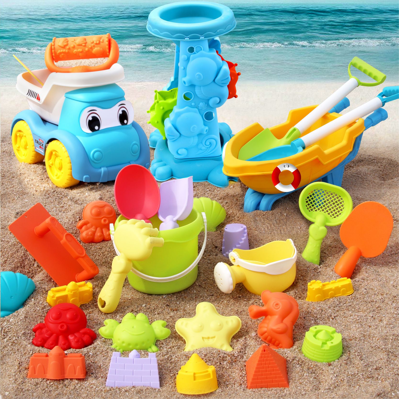 Picture of Children's Beach Toy Set, Atv, Sand Digging and Water Toys, Beach Bucket, Hourglass Shovel, Beach Sand Play Tools