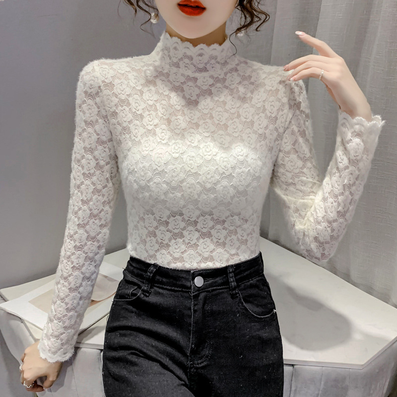 Picture of Half-high Collar Lace Base Shirt Women's Autumn and Winter European Inner Shirt Sanding Long-sleeved T-shirt Mesh Hollow Top