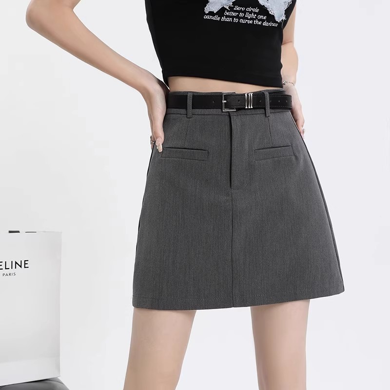 2025 Grey Suit Skirt Women's Summer New High Waist Slim A- line Anti-running Light College Style Hip Skirt