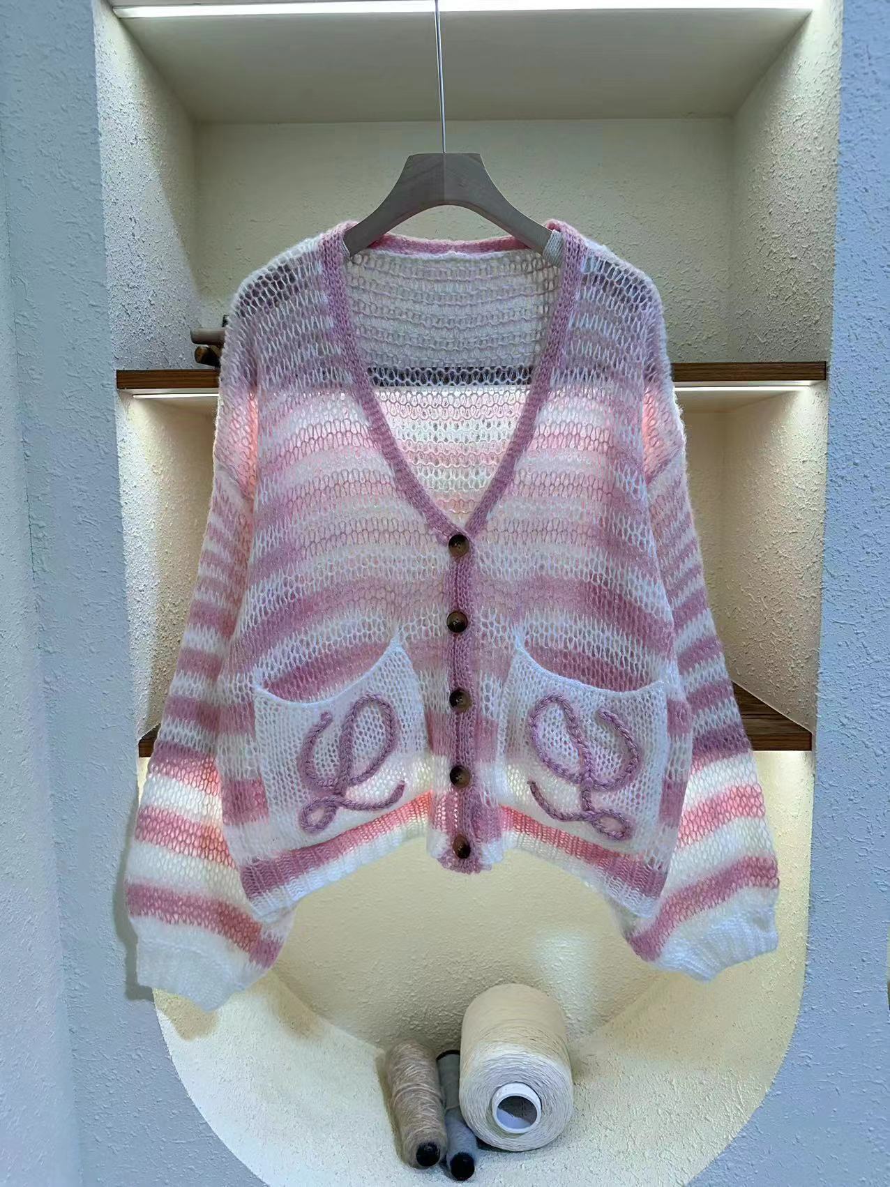 Picture of Spring and Autumn Fresh Lazy Loose Knitted Cardigan Top New Striped Contrast Color Hollow V-Neck Sweater Jacket for Women