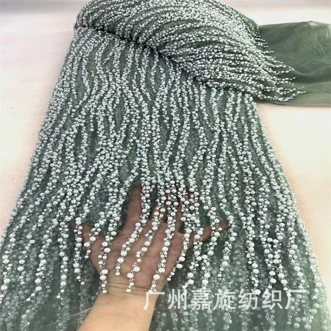 in stock mesh bottom large bubble beads streamlined wedding dress fabric French high set dress bead tube embroidery lace Beaded