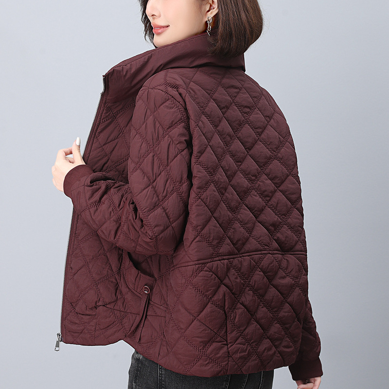 Rhomboid Quilted Jacket Women's 2024 Winter New Loose plus size Middle-aged Mother Fashion Collar Warm Cotton-padded Jacket